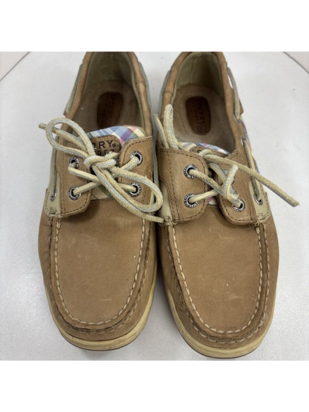 Sperry Top-sider Beige Leather Pastel Plaid Boat Shoes Size 7 - Picture 5 of 11